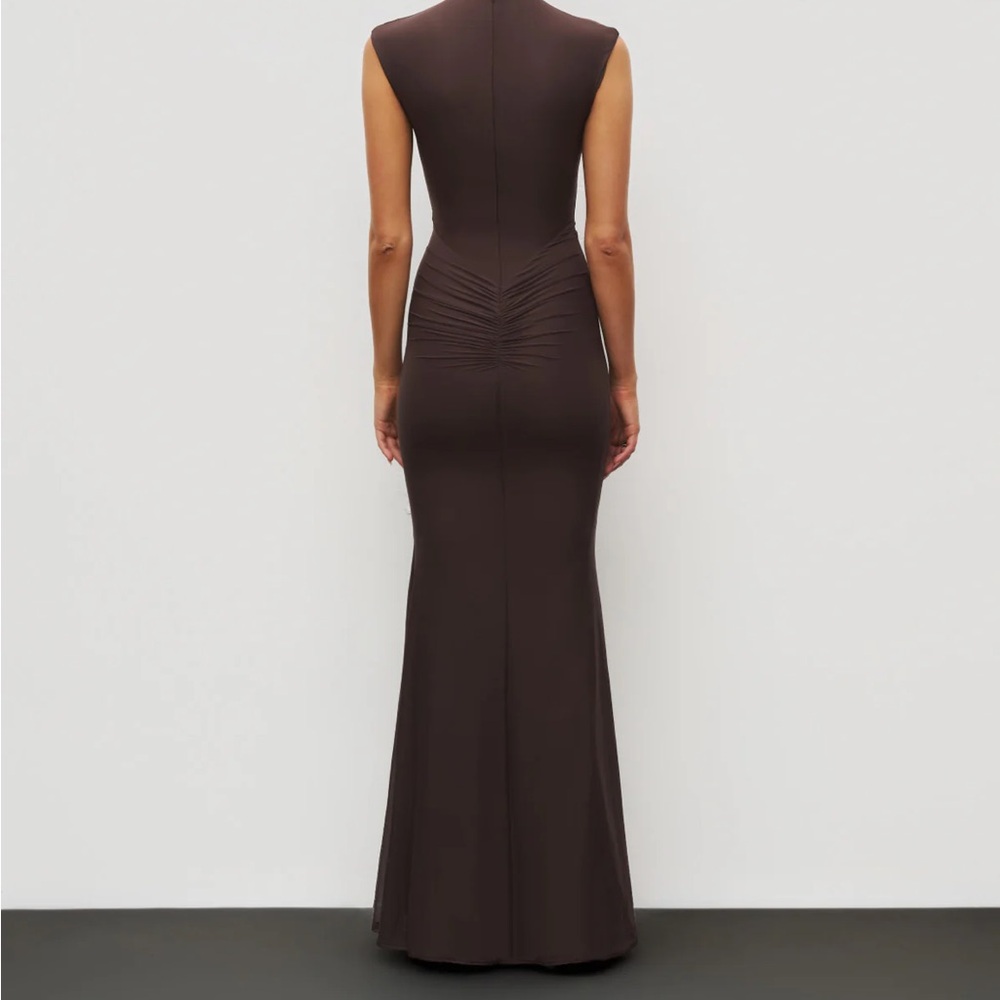 Sleeveless Chocolate Maxi Gown with Ruched Back